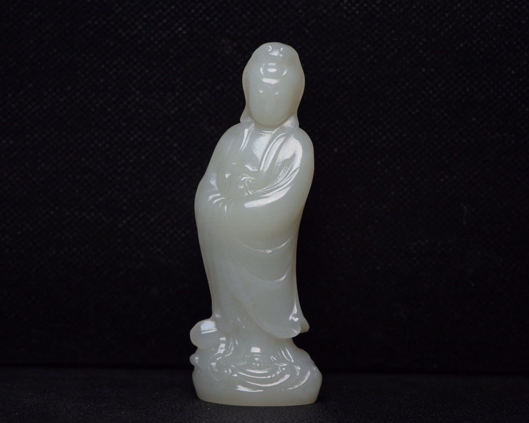 聚寶齋*和田玉精彫*觀音】置物賞物中国時代美術時代物