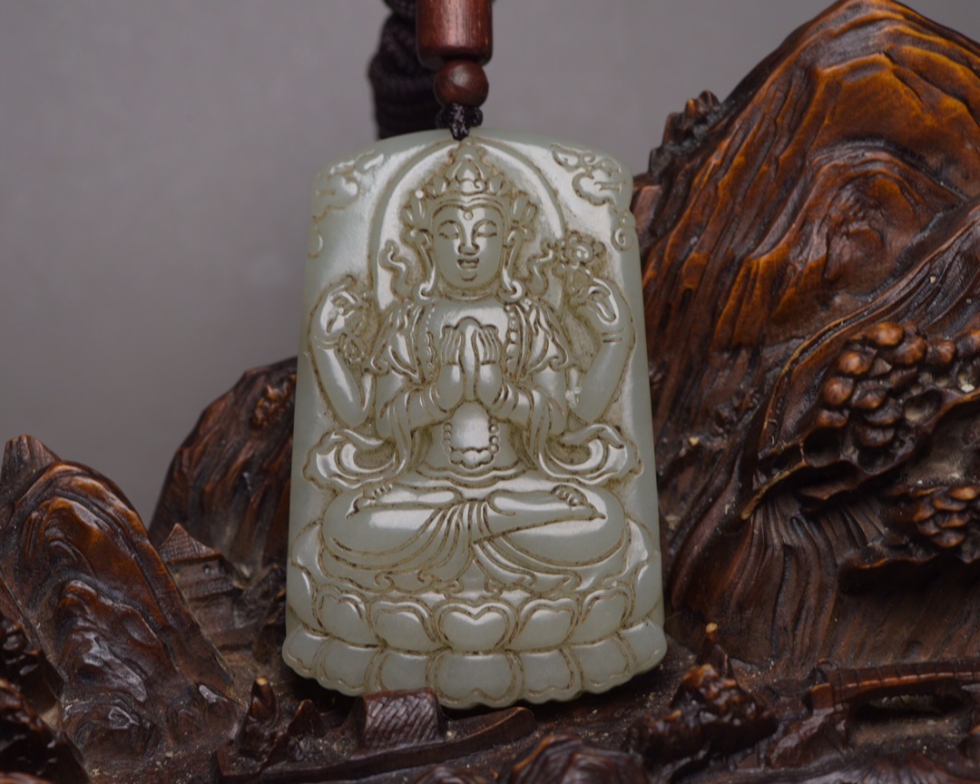 聚寶齋*和田玉精彫*觀音牌】根付 置物 賞物 中国時代美術-