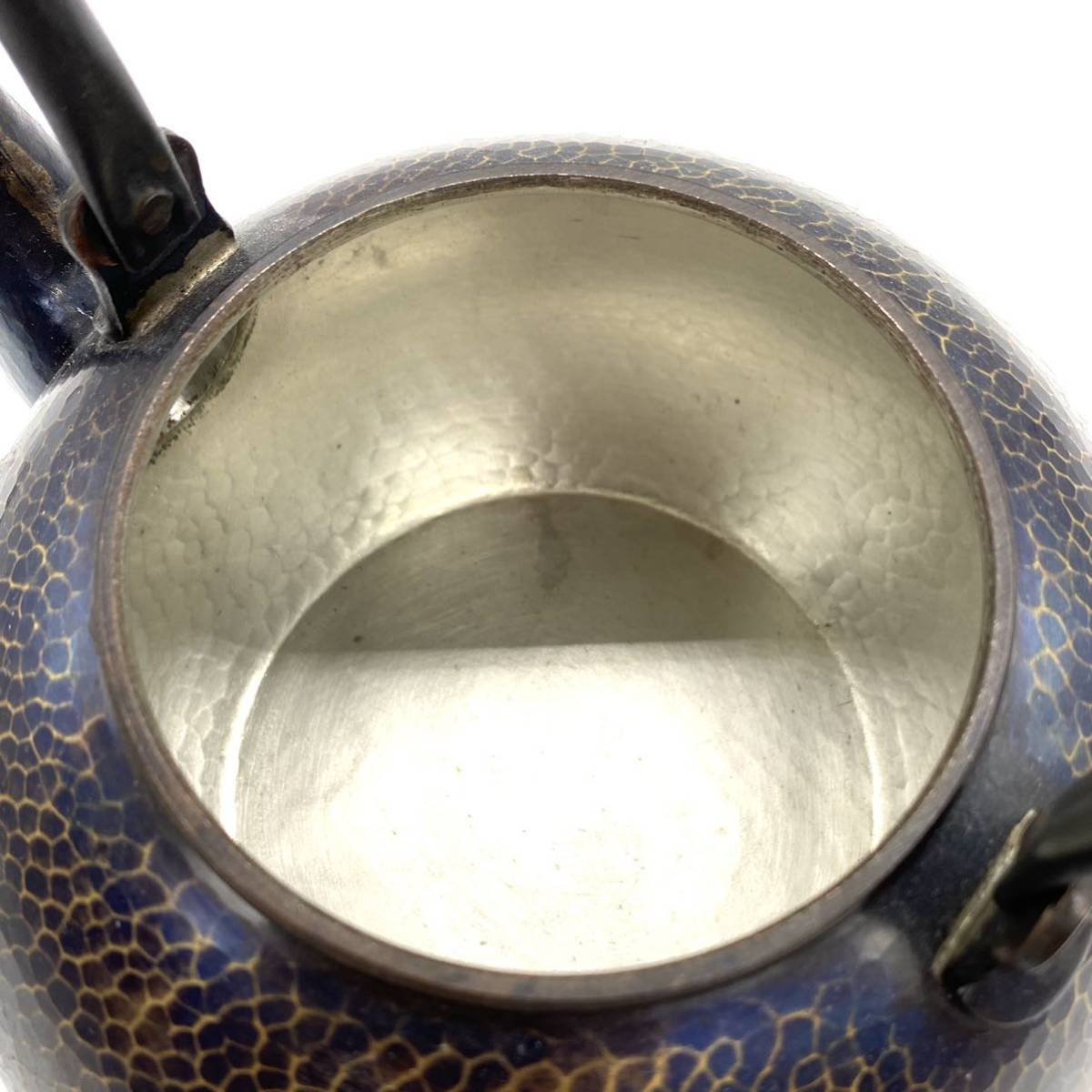 美品! 北越堂 鎚起銅器 藤巻提手 青色金古色 銅製 湯沸 水注 薬缶