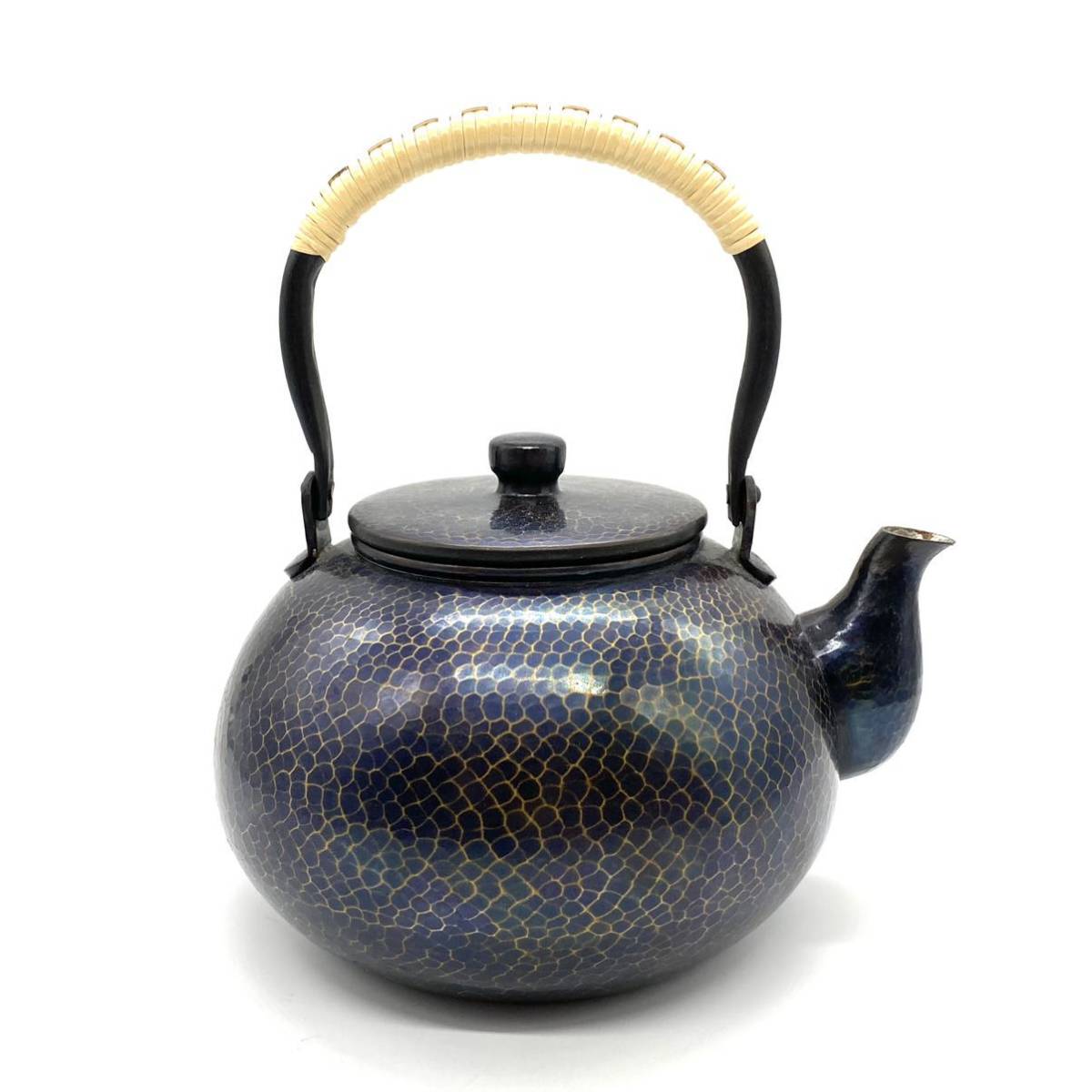 美品! 北越堂 鎚起銅器 藤巻提手 青色金古色 銅製 湯沸 水注 薬缶