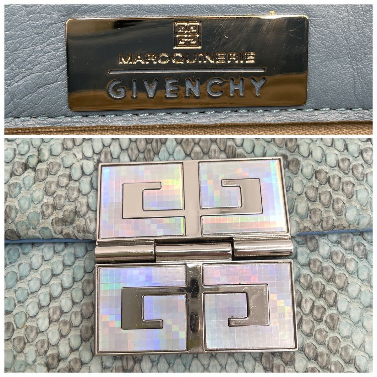 1円【極稀品 希少色】GIVENCHY ジバンシー パイソンレザー アクセサリーポーチ ハンドバッグ ショルダー ロゴ金具 シェル ジバンシィ 水色_画像6