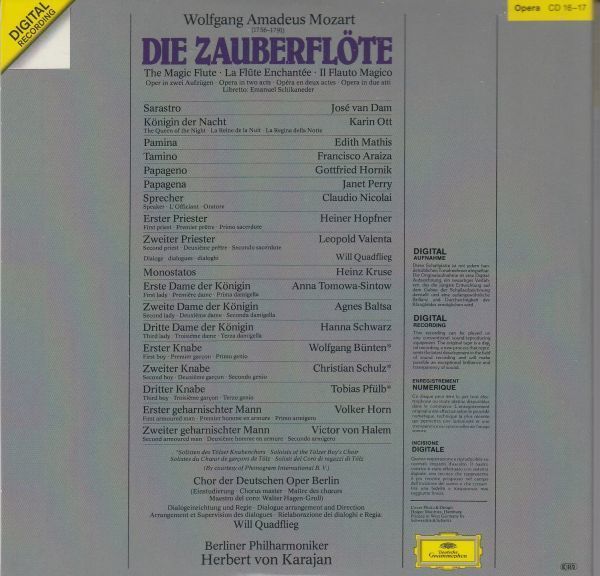 [2CD/Dg]モーツァルト:歌劇「魔笛」全曲/K.オット&J.v.ダム他&H.v.カラヤン&ベルリン・フィルハーモニー管弦楽団 1980_画像2