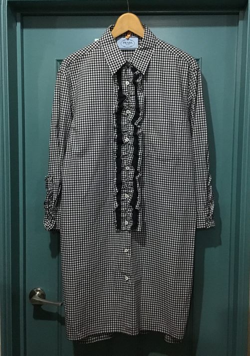 美品 PRADA プラダ ギンガムチェック フリル シャツ ワンピース