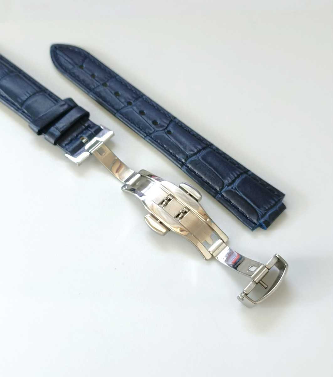18mm 腕時計 凸型 修理交換用 レザー 革ベルト ネイビーブルー Dバックル付属 【対応】カルティエ バロンブルー 