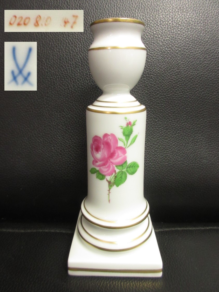 鑑定済》 陶磁器 「Meissen:マイセン キャンドル立て ローズ 陶磁器