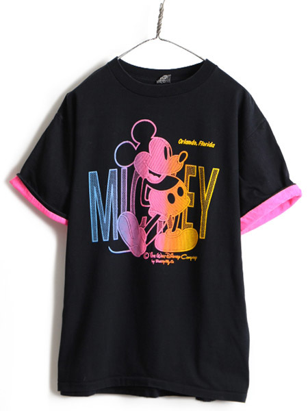 90s USA製 人気 黒 ディズニー オフィシャル ミッキー プリント 半袖 Tシャツ ( XL メンズ レディース L 程) 古着 90年代 キャラクター