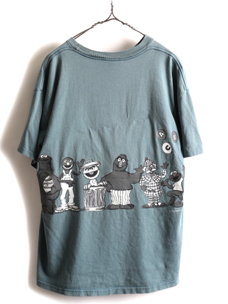 90s USA製 ★ セサミストリート 両面 キャラクター プリント 半袖 Tシャツ ( メンズ L ) 古着 90年代 SESAME STREET アニメ アメコミ 青灰