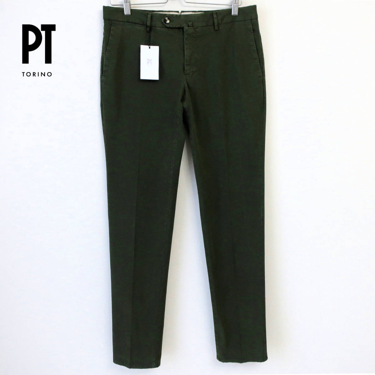  new goods PT TORINO Italian beautiful legs slim thin stretch chinos cotton pants PT01 weave pattern green green men's 54 3XL size unused 