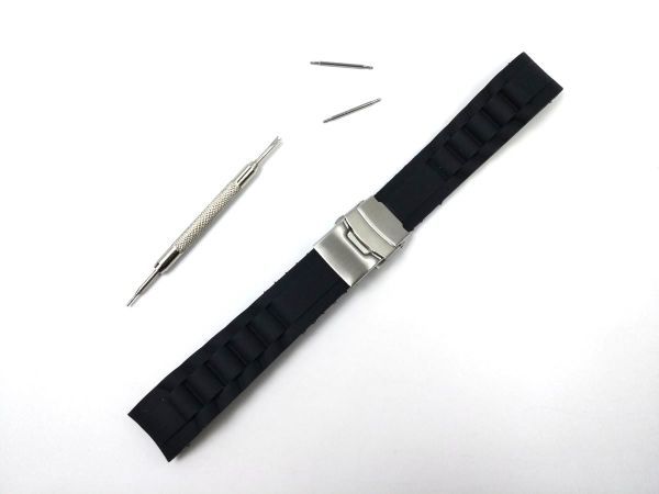シリコンラバーストラップ 弓カン Wロックバックル 交換用腕時計ベルト キャタピラ2 ブラック 20mm_画像1
