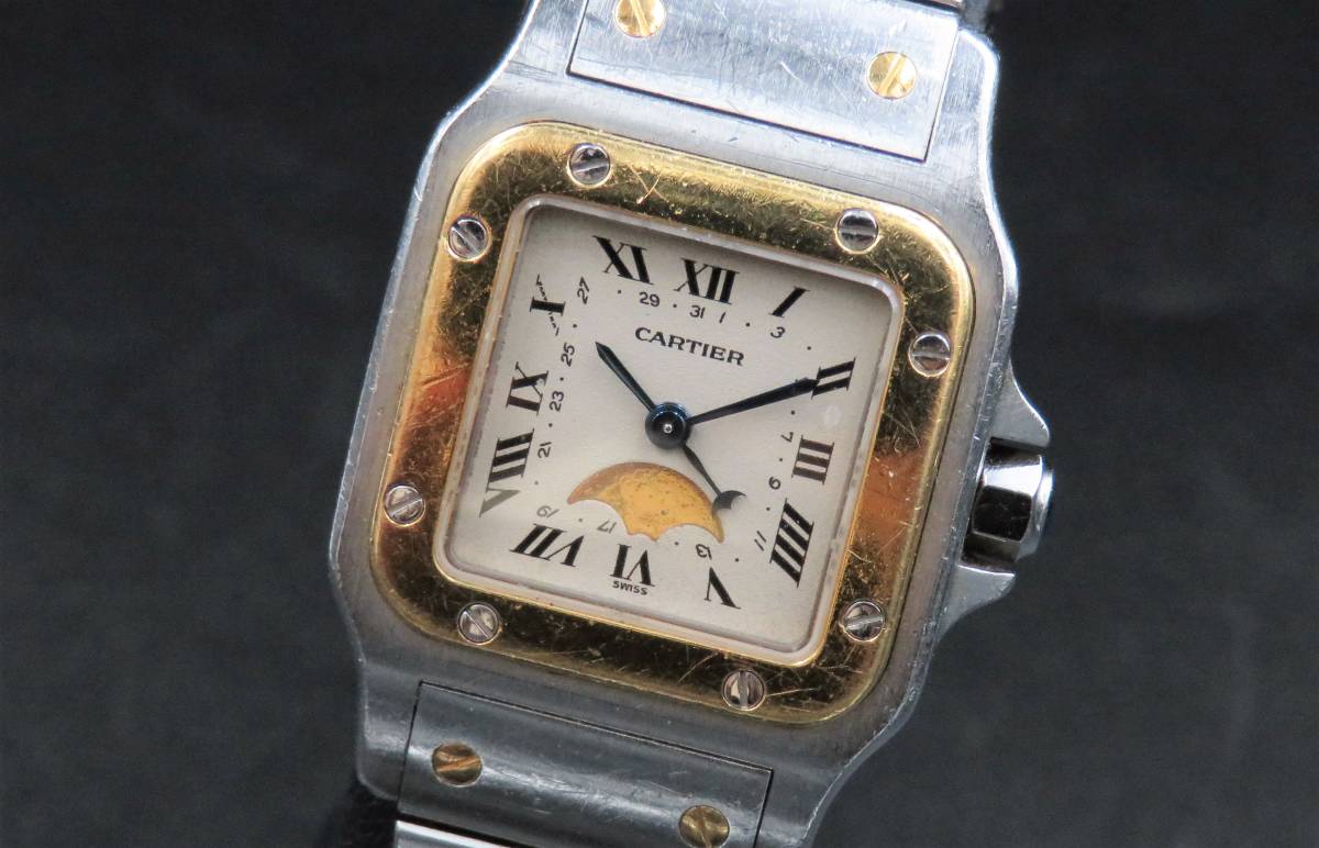 1円～! 稼動品 ブレスジャンク★正規品 Cartier カルティエ 119902 サントスガルべ ムーンフェイズ 18Kベゼル レディース腕時計 KNNSV304_画像1