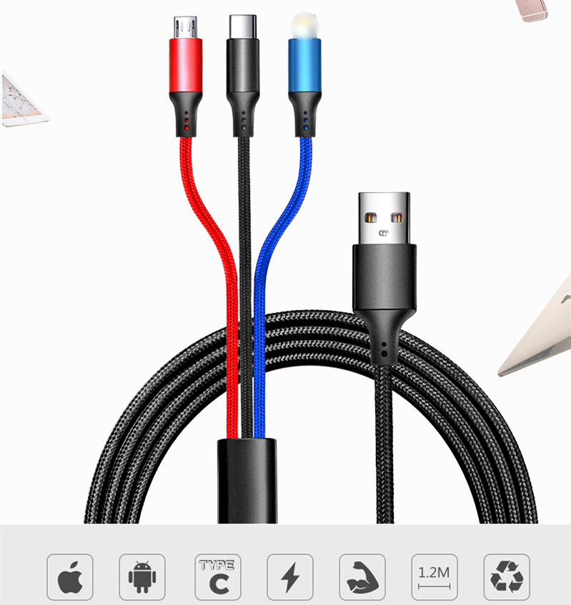 送料無料 3in1 充電ケーブル type-c 充電ケーブル USB Type C Micro USB ケーブル iPhone android type-c 同時給電可 多機種対応 1.2m 3色