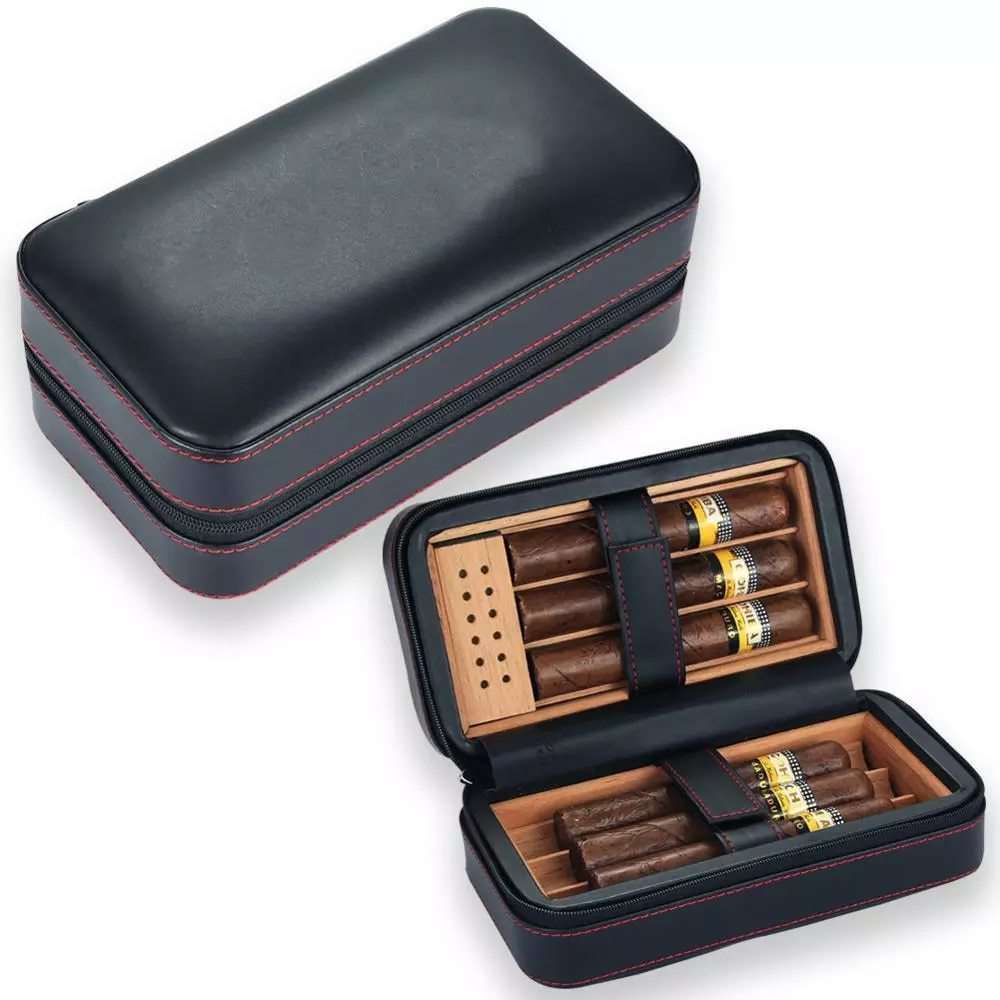 Galiner travel leaf volume hyumi doll box leather cigar case set w/ humidifier Japanese cedar wooden portable 4 holder cigar box cohiba leaf volume 