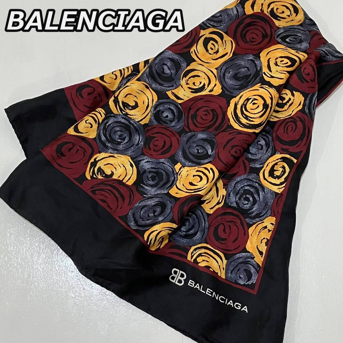 BALENCIAGA】バレンシアガ 100%シルク バラ柄 大判 スカーフ BALENCIAGA】バレンシアガ 100%シルク バラ柄 大判 スカーフ