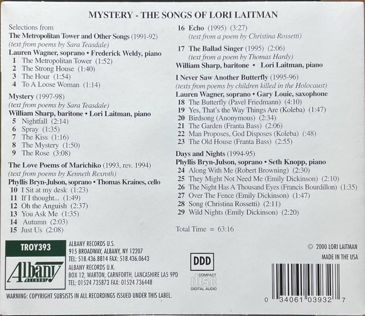 (C25H)☆現代声楽レア盤/ロリ・レイトマン/Lori Laitman/Mystery: The Songs of Lori Laitman☆_画像2