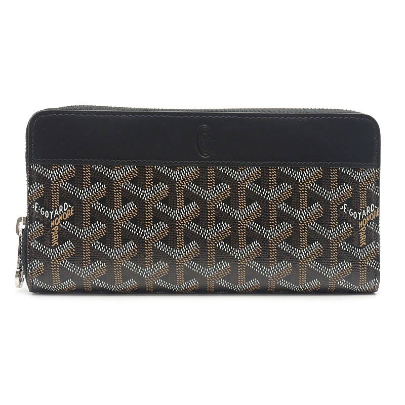 ゴヤール GOYARD マティニョンGM ラウンドジップ長財布 レザー×PVC ヘリンボーン柄 黒 ブラック×イエロー 美品 箱付 