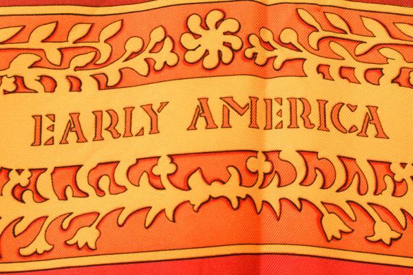 美品 エルメス スカーフ カレ90 EARLY AMERICA 古き良きアメリカ シルク100％ オレンジ ブラウン 動物柄_画像6