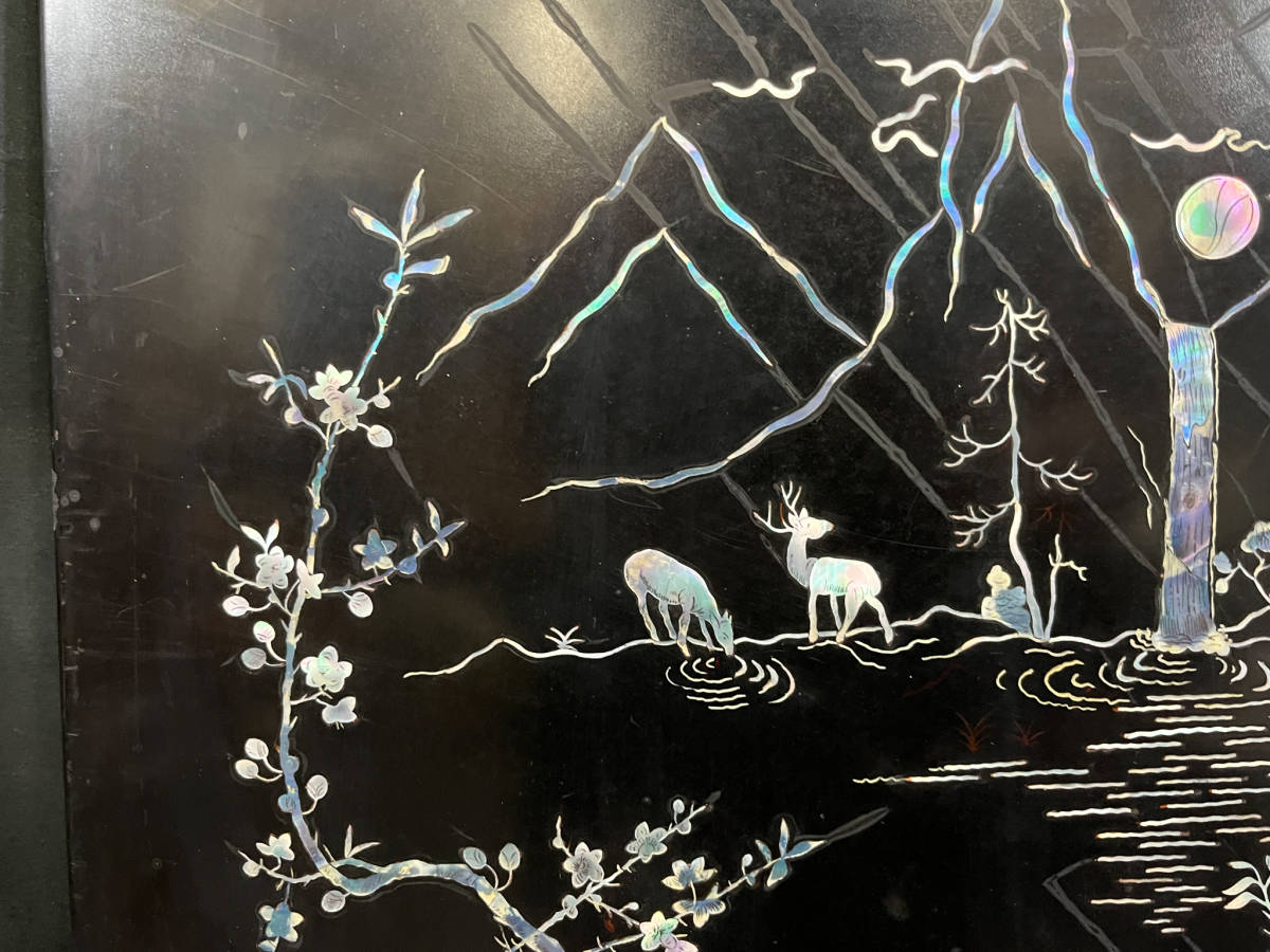 韓国美術 螺鈿細工 壁掛け 壁飾り タペストリー 鹿 風景 松 畔
