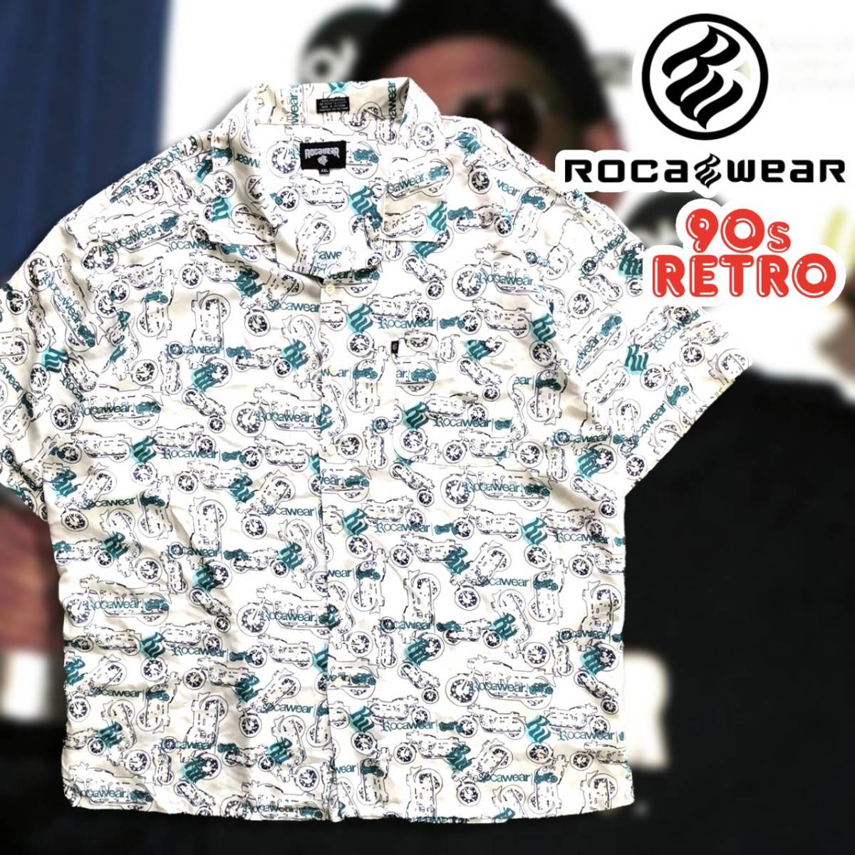 【爆買い！】 ロカウェア 90s 半袖 RAP 90s Y2K 開襟シャツ オープンカラーシャツ BBOY B系 HIPHOP ストリート アロハ Rocawear XXL ホワイト 総柄シャツ XLサイズ以上