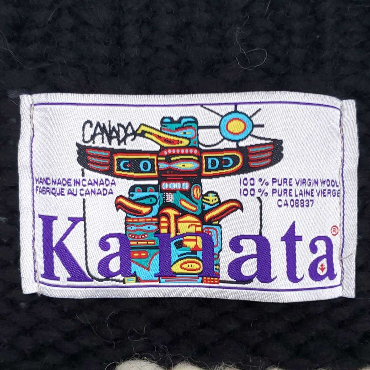 スカル柄◇Kanata◇カナダ製カウチンセーターメンズM位カナタ黒
