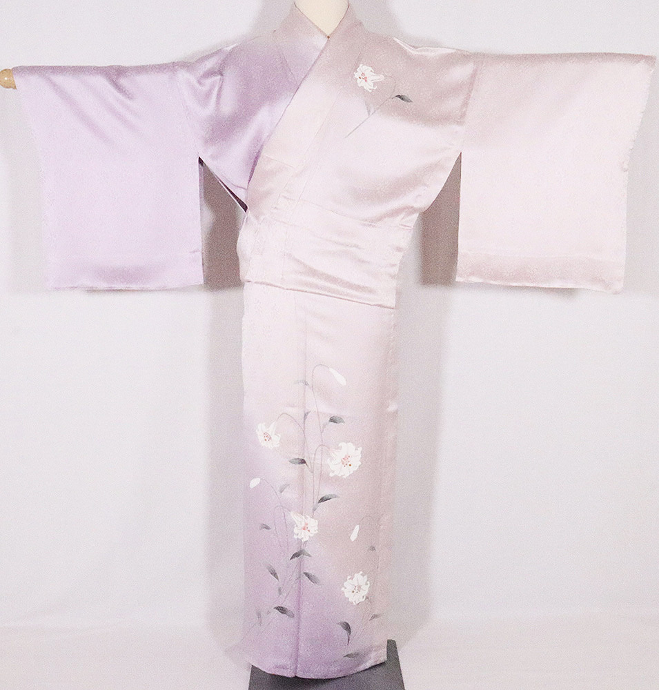単衣 訪問着 正絹 極薄紫 藤色暈し 百合 トールサイズ ki26663 新品-