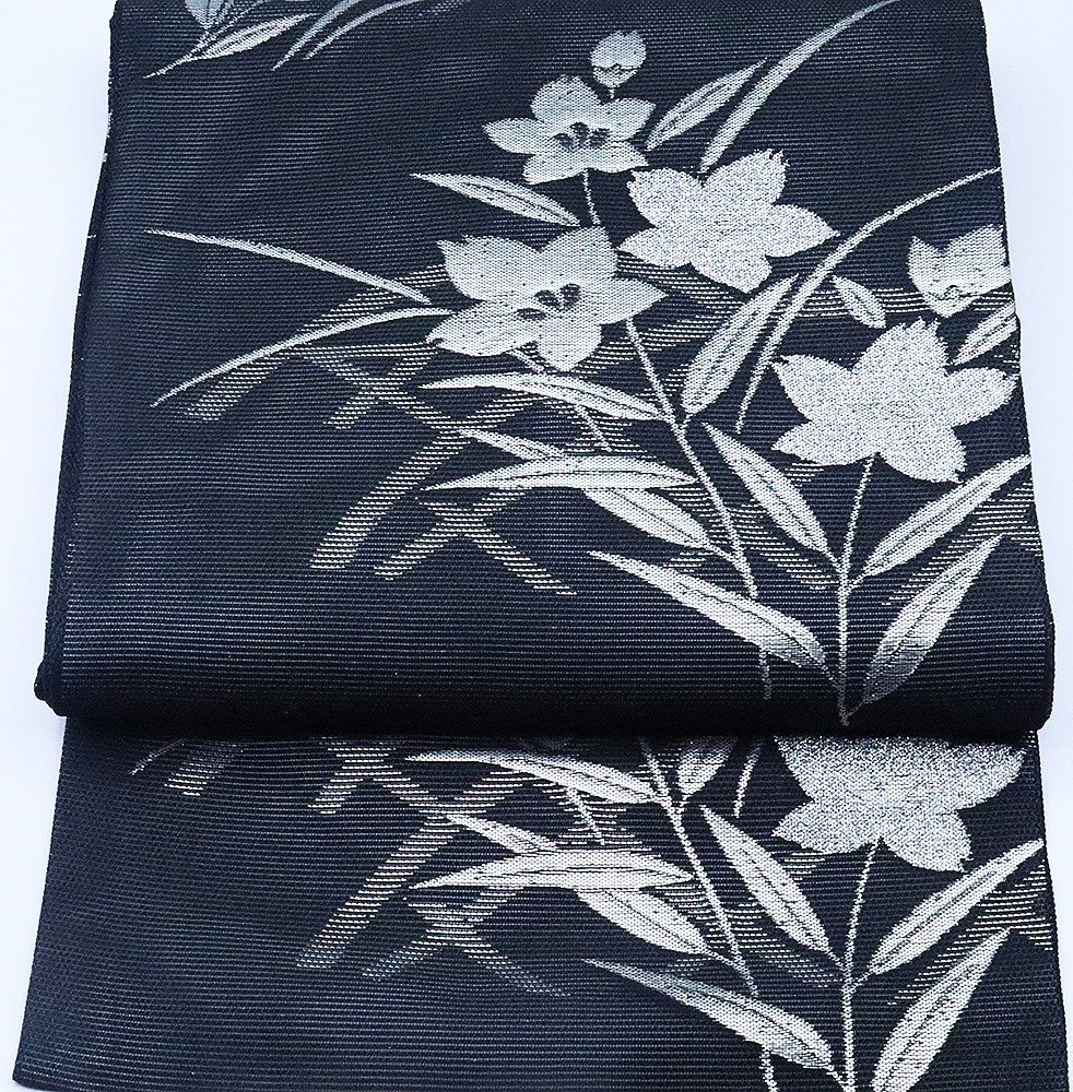 京都イシハラ謹製 絽 西陣織名古屋帯 正絹 黒 銀 桔梗 N2362 新品 夏物