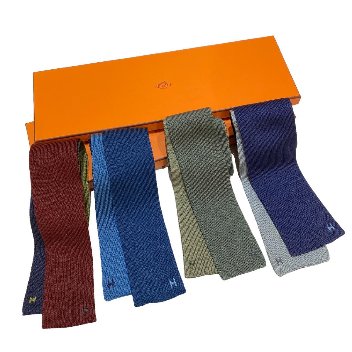 超ポイントアップ祭 美品 エルメス ネクタイ 4way ニットタイ 紺 黒