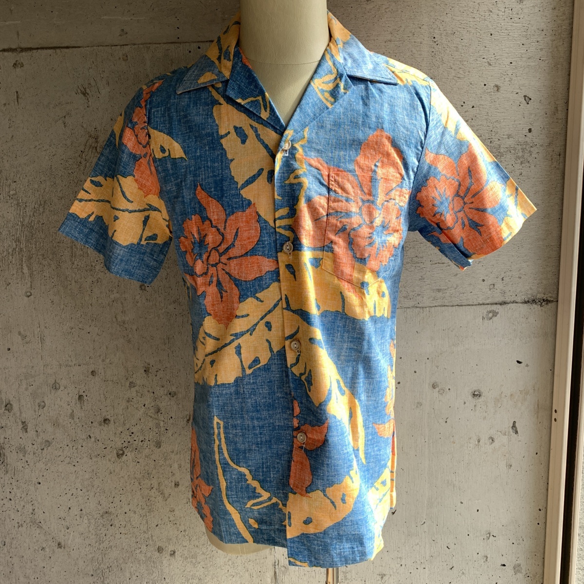 U.S Used Vintage Clothing Aloha Shirt RJC アメリカ古着 ビンテージ アロハシャツ ロバート J.クランシー S size 青系 植物柄 ウッド