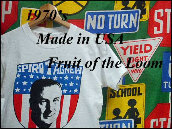 ★Spiro Agnewスピロアグニュー★USA製アメリカ製Fruit of The Loomフルーツオブザルームビンテージ染み込みプリントTシャツ70s70年代VOTE_《 1970s FRUIT of THE LOOM 》