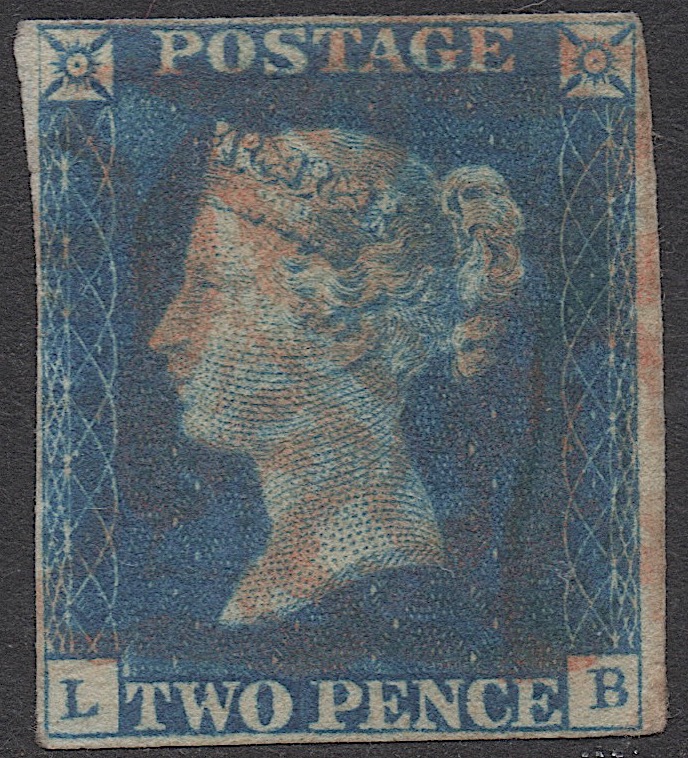 クラッシックイギリス切手・ヴィクトリア女王1840年２ペンスブルー「スコット＃２、L-B」赤いマルタ十字、使用済み_画像1