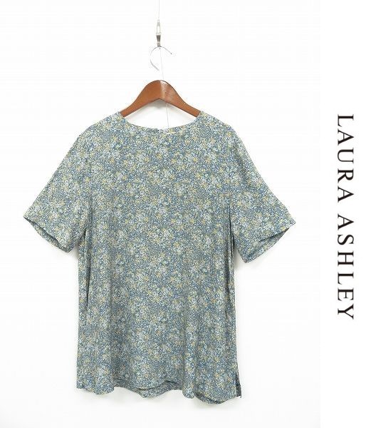 K205/美品 LAURA ASHLEY 半袖カットソー ブラウス 総柄 花柄 クルーネック レーヨン 7 S 青_画像1