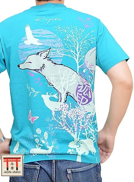 森の狐半袖Tシャツ◆今昔 ターコイズMサイズ KJ-29068 和柄 和風 刺繍 キツネ きつね