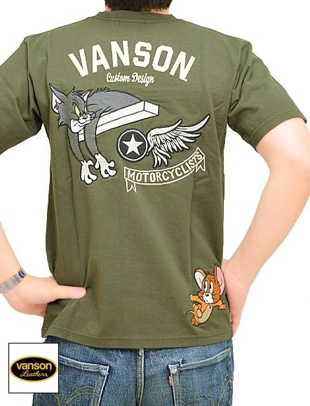 vanson×TOM＆JERRYコラボ 天竺半袖Tシャツ vanson オリーブXLサイズ TJV-2216 バンソン ヴァンソン トムとジェリー 刺繍