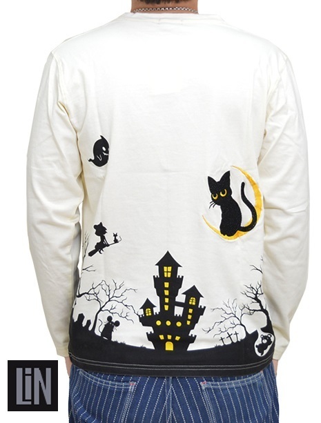 ラミ＆アール夜会長袖Tシャツ◆LIN ホワイトXLサイズ ALLT-75006 黒猫 ねずみ ネコ ネズミ 刺繍 ロングTシャツ