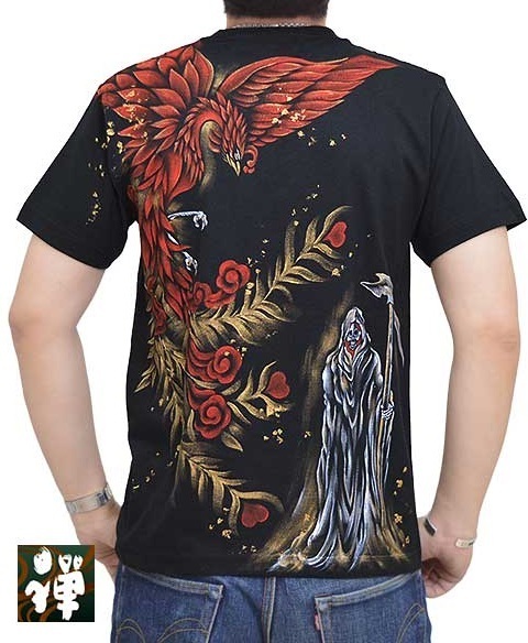 手描き半袖Tシャツ「朱雀と死神」◆禅 ブラックLLサイズ KTH0072 和柄 和風 手書き 鳳凰 髑髏 ドクロ_画像1