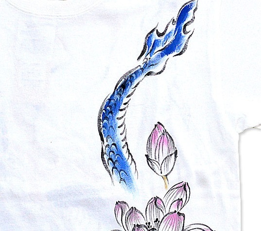  hand .. short sleeves T-shirt [ blue dragon god . lotus . sound ]*. white M size KTH0069 peace pattern Japanese style dragon Dragon Kyoto handwriting . worker god .