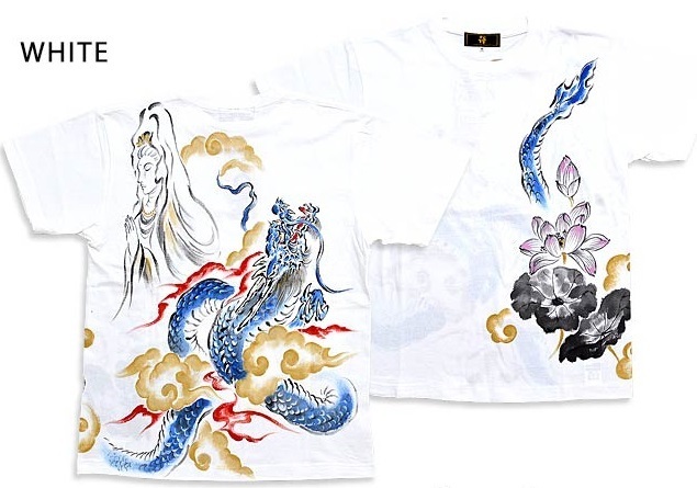  hand .. short sleeves T-shirt [ blue dragon god . lotus . sound ]*. white M size KTH0069 peace pattern Japanese style dragon Dragon Kyoto handwriting . worker god .
