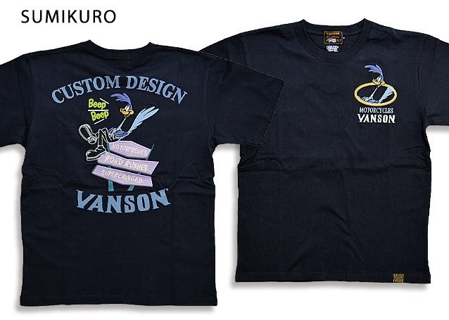 vanson×LOONEY TUNESコラボ 天竺半袖Tシャツ◆vanson スミクロXLサイズ LTV-2206 バンソン ヴァンソン ルーニー ロードランナー 刺繍