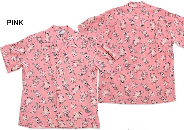 半袖アロハシャツ「FANCY CATS」◆スターオブハリウッド ピンクLサイズ SH38637 猫 ネコ 日本製 東洋エンタープライズ