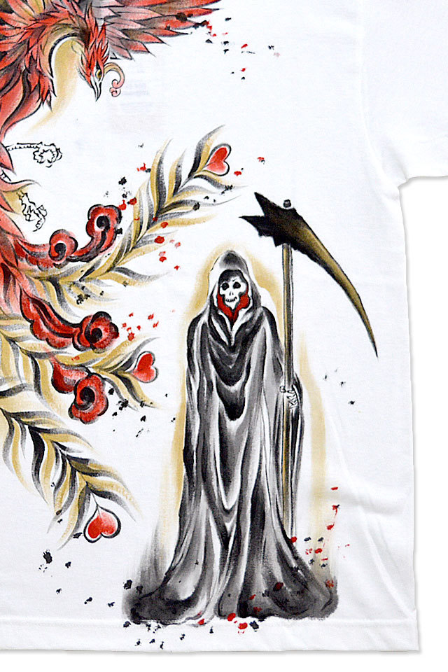 手描き半袖Tシャツ「朱雀と死神」◆禅 ホワイトLサイズ KTH0072 和柄 和風 手書き 鳳凰 髑髏 ドクロ_画像3
