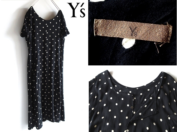 希少 80sビンテージ 初期タグ Y's ワイズ Yohji Yamamoto ヨウジヤマモト 後ろボタン レーヨン ドット柄 総柄 ワンピース F ブラック 黒白