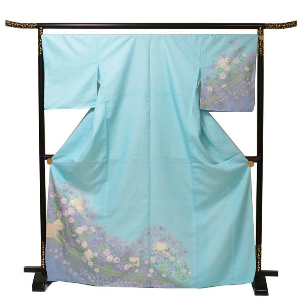【日本製】仕立上り 袷付下げ モダンな花柄（桜の地模様）水色（143）洗える ポリエステル