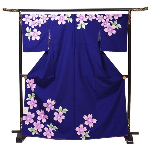 【日本製】仕立上り 袷付下げ 大花柄（藍色）（112）洗える ポリエステル