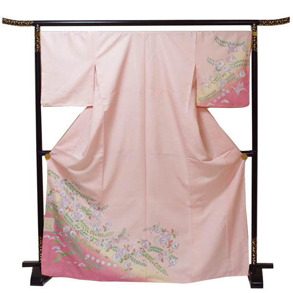 【日本製】仕立上り 袷付下げ 花とピンク＆緑葉柄（桜の地模様）ピンク（146）洗える ポリエステル