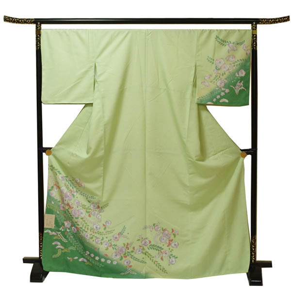【日本製】仕立上り 袷付下げ 花とピンク＆緑葉柄（桜の地模様）黄緑（151）洗える ポリエステル