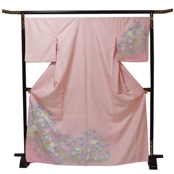 【日本製】仕立上り 袷付下げ モダンな花柄（桜の地模様）ピンク（148）洗える ポリエステル