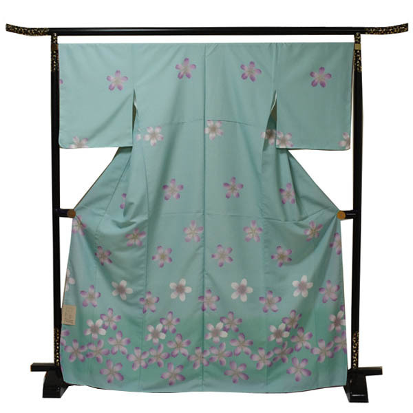 【日本製】仕立上り 袷付下げ 大きな桜の花柄 エメラルドグリーン（129）洗える ポリエステル