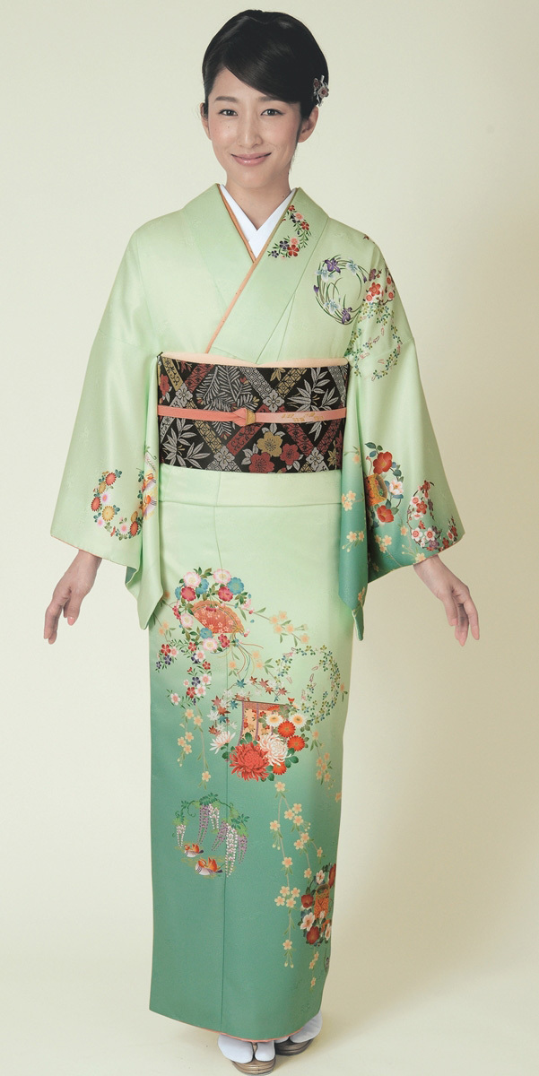正絹 トールサイズ 作家物 手書き 暈し 深緑色 訪問着 結婚式 式典-