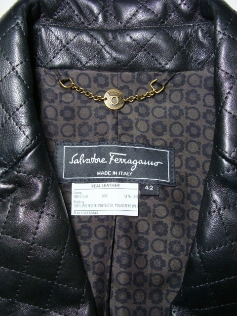 Salvatore Ferragamo サルヴァトーレ フェラガモ ◇ キルティング レザー 皮 革 1つ釦 テーラード ジャケット ブルゾン_画像3