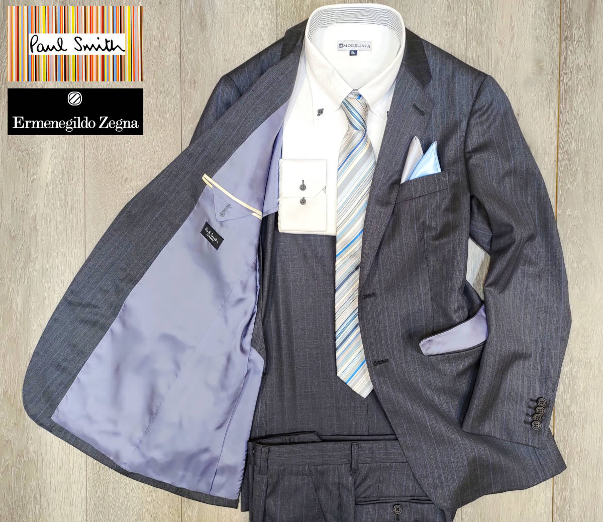 美品】ポールスミス×エルメネジルド ゼニア 微光沢グレーストライプ