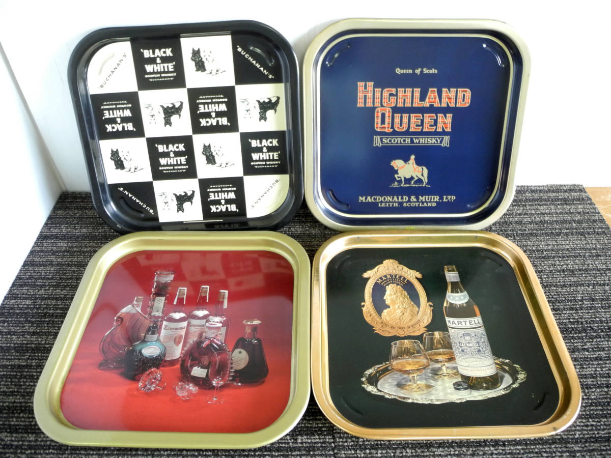 ●１●4枚セット！昭和レトロ ブリキ トレー 角盆 スコッチウイスキー HIGHLAND QUEEN/ BLACK&WHITE / MARTELL/アンティーク雑貨_画像1